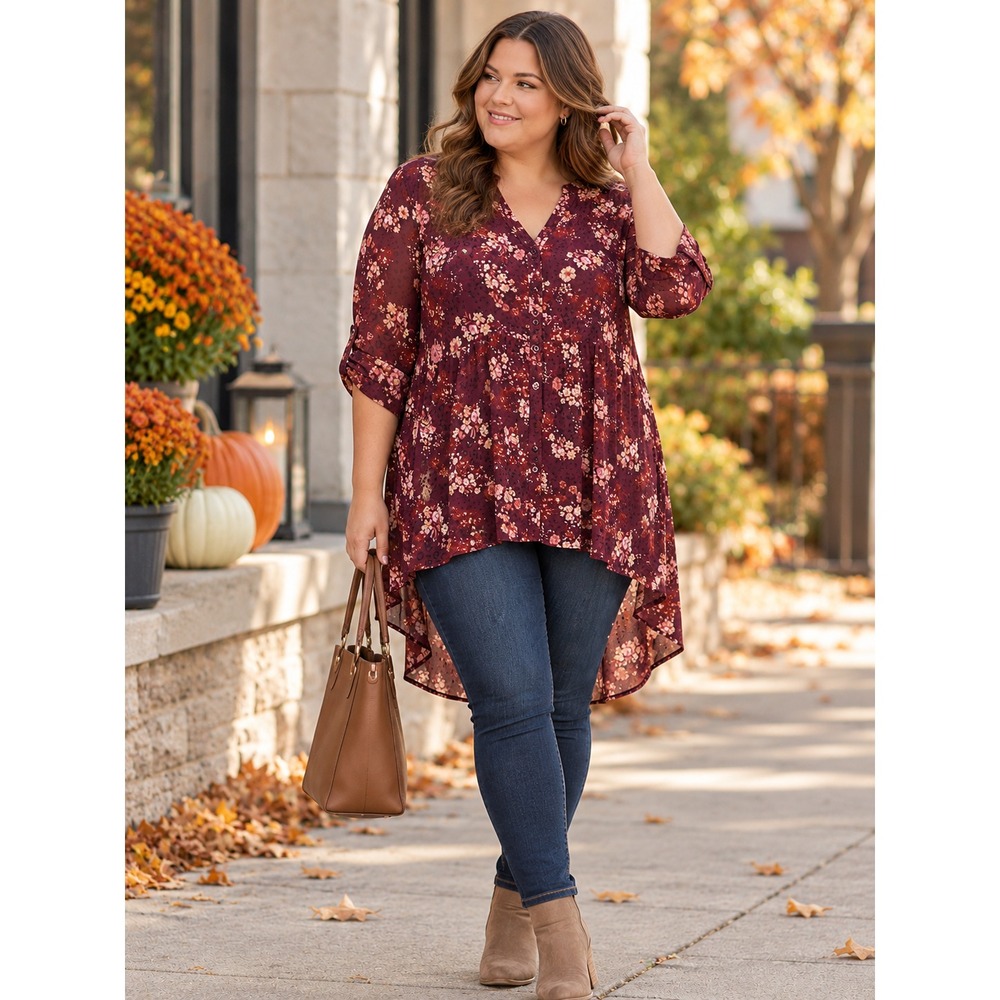 Torrid Burgundy Floral Sheer Chiffon Hi-Lo Babydoll Tunic Top Plus Size 2 2X